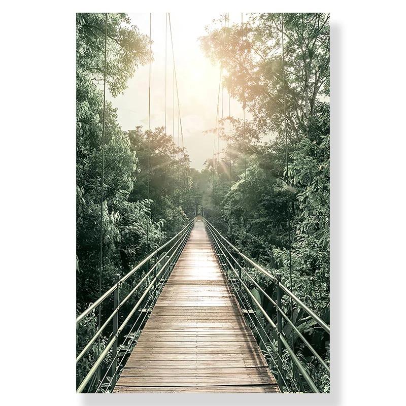Jungle Landscape Canvas Poster Animal Leopard Elephant Print Painting Palm Leaves Forest River Bridge Nordic Picture Decoration