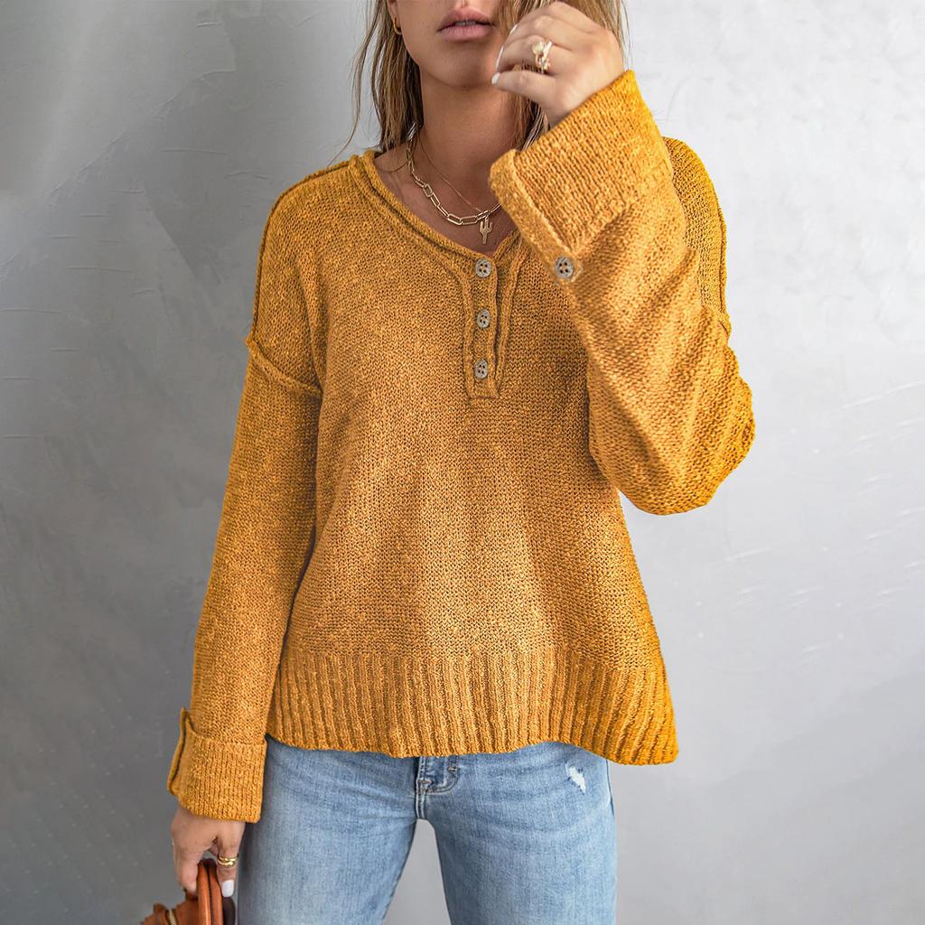 Women's Temperament Casual Solid Color Button Off Shoulder Loose Knitted Sweater