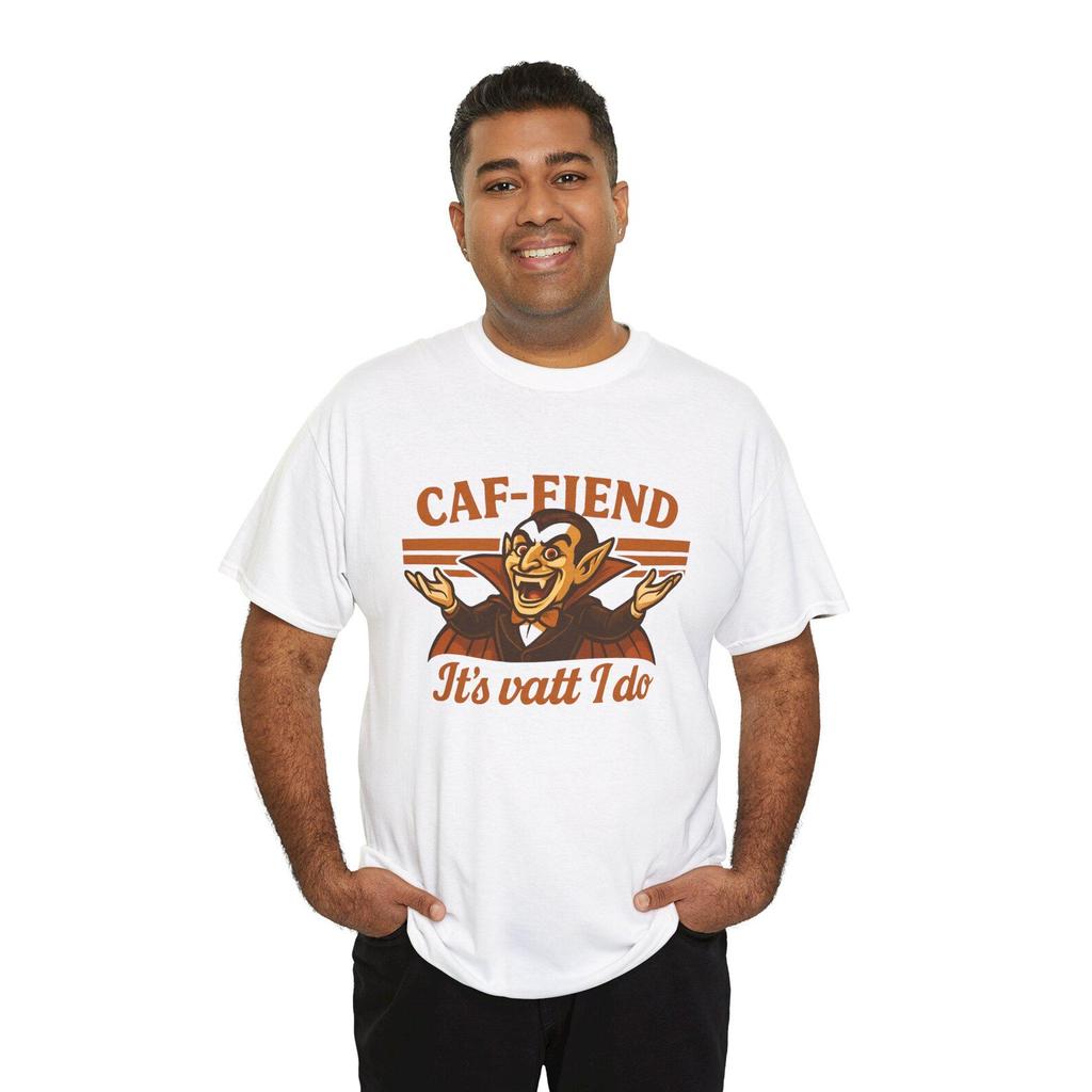 Funny Vampire T-Shirt: Caf-Fiend Coffee Lover Spooky Tee