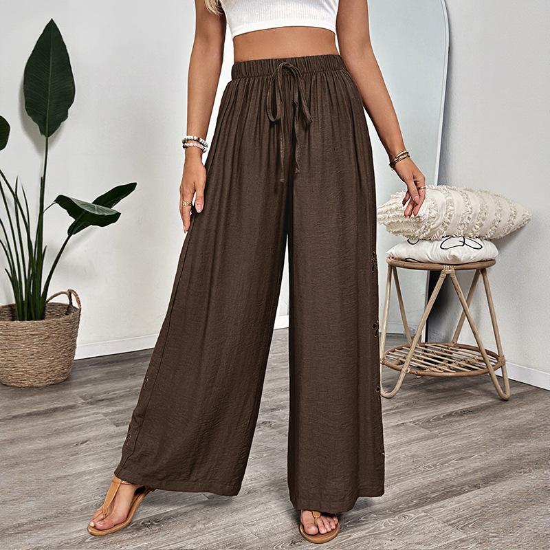 

2026 Women s Solid Color Wide-Leg Trousers with Drawstring & Hollow Embroidery M коричневый