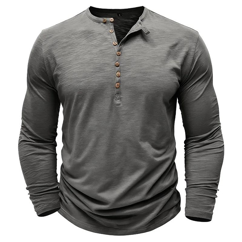 Mens Henley Collar Long Sleeve T-Shirts Solid Color Loose Fit Button Front Casual Daily Tshirts
