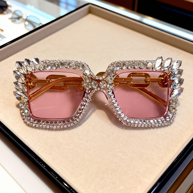 1PC Large Square Diamond-encrusted Glasses, Suitable for Parties, Parties, Appointments, Wearing Photo-decorated Glasses розовый