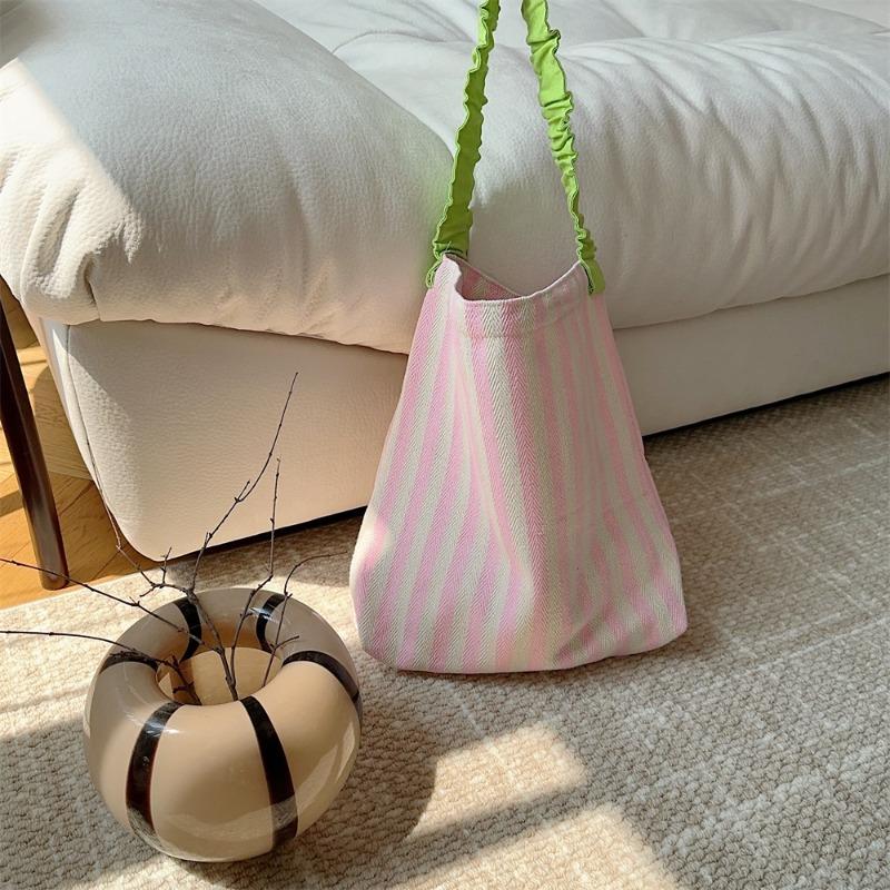 1 Summer Small Fresh Shoulder Canvas Bag New Contrasting Stripes Large Capacity Pleated Shoulder Strap Tote Bag