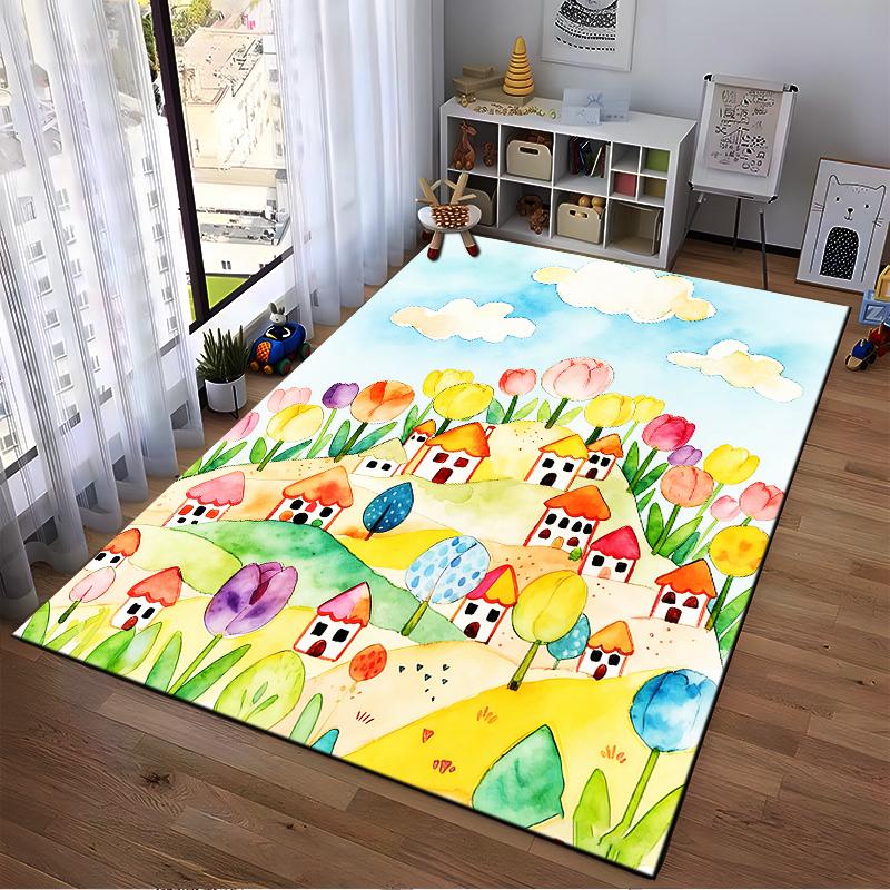 Colorful Carpet with Tulip Field and Cute Village Houses Artwork Suitable for use as an anti-slip for living room bedroom sofas