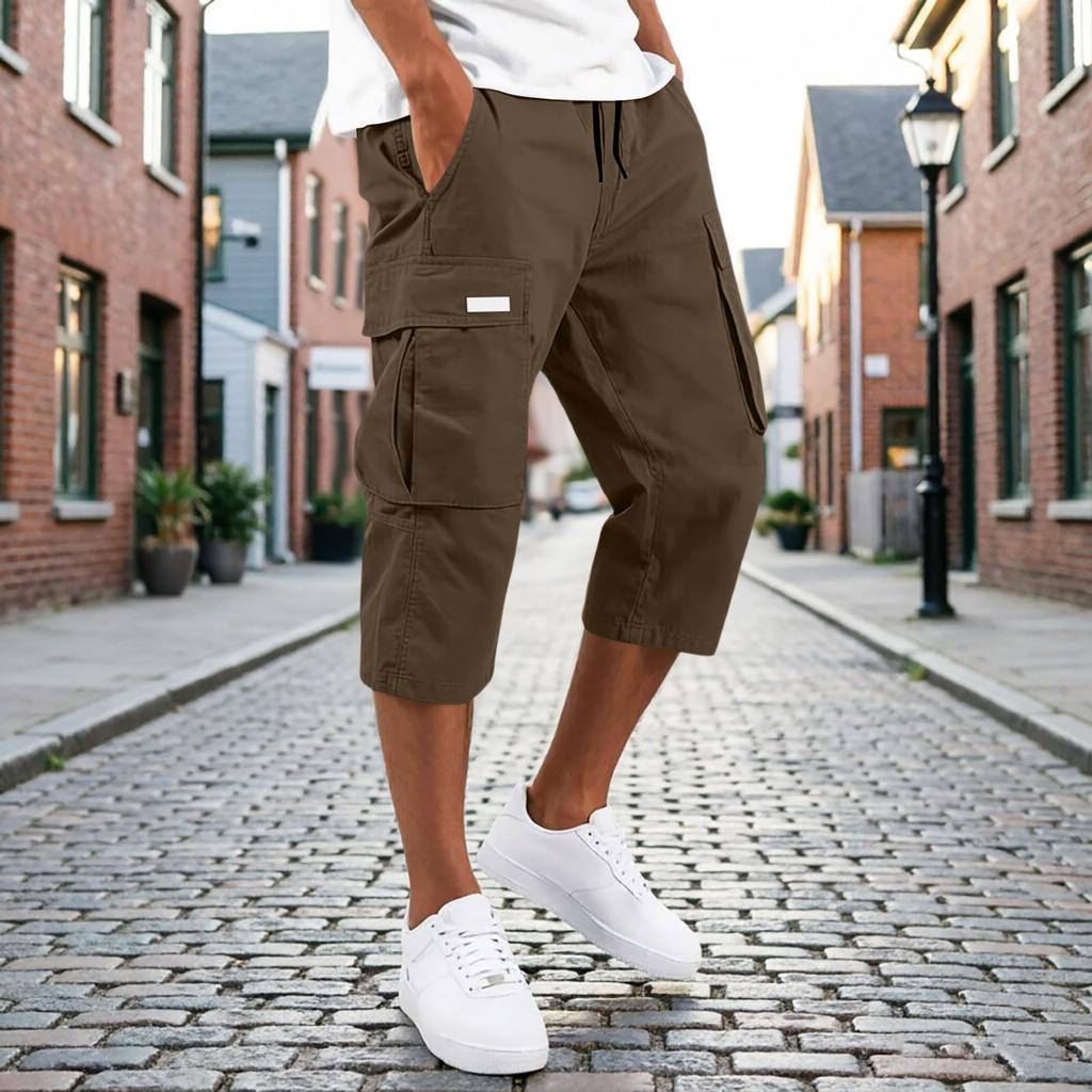 Men’s Drawstring Waist Multi Pocket Cargo Capri Pants Relaxed Fit Seven Quarter Length Casual Trousers for Everyday Wear