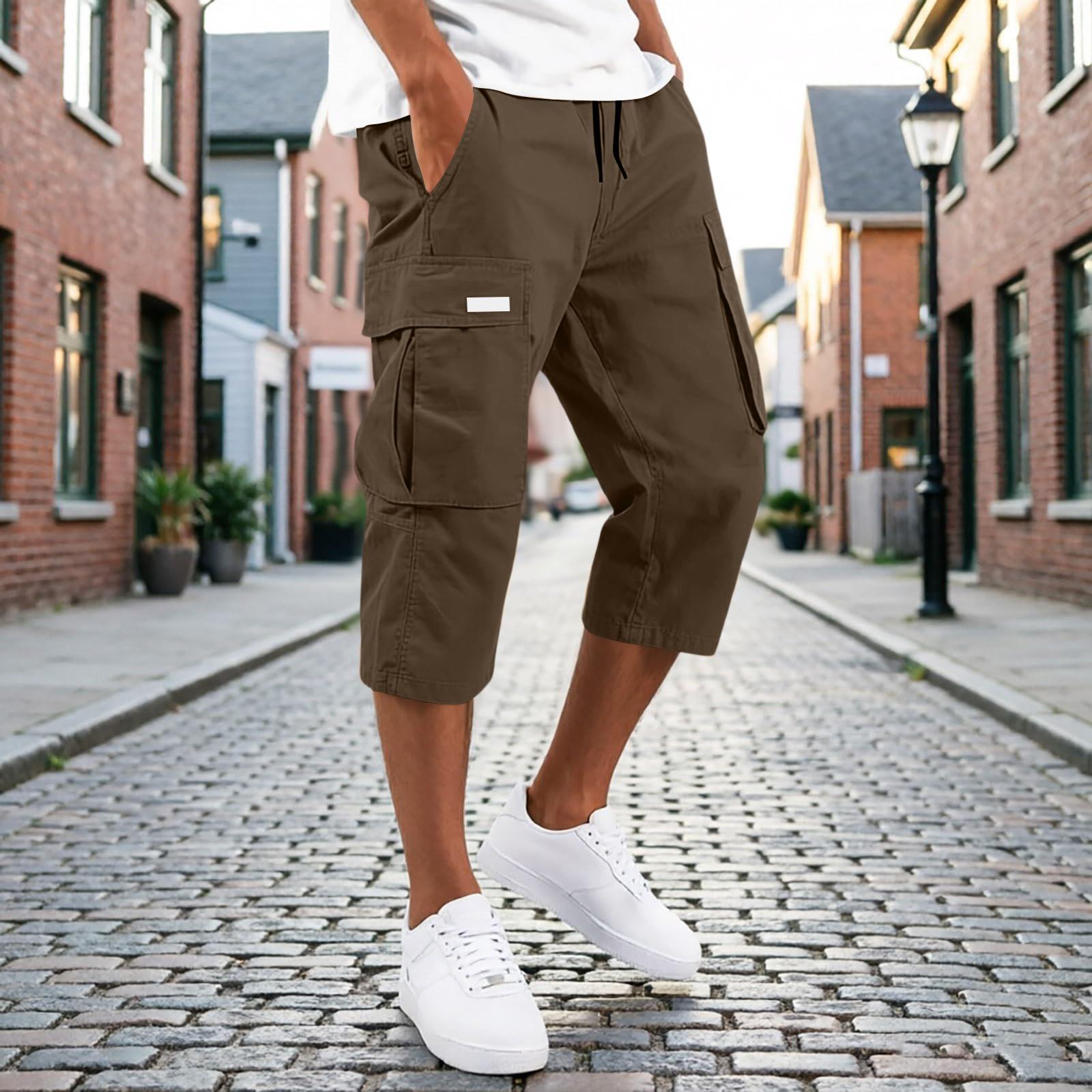 Xingben Six Heren Capri Broek met Trekkoord Taille en Meerdere Zakken Cargo Relaxte Pasvorm Zeven Achtste Lengte Casual Broek voor Dagelijks Gebruik XXXXL bruin