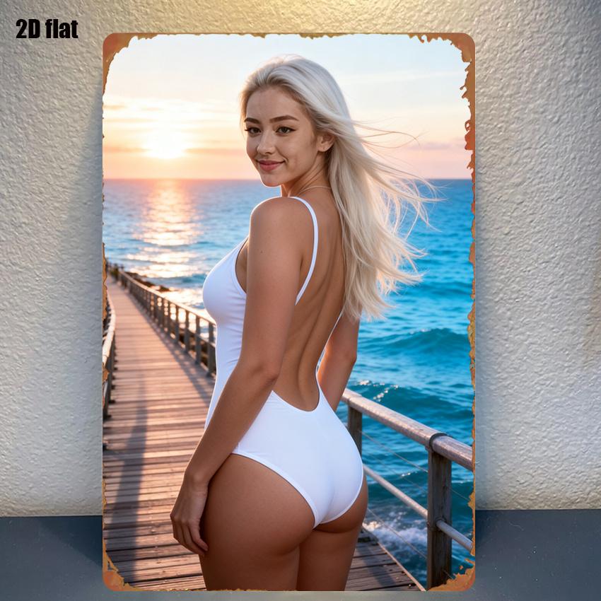 pc of Metal Wall Art Featuring a Sunset Beach Scene with a WomanS Silhouette And Easy to Hang with PreDrilled Holes a Dura 20x30cm(7.8x11.8inch)