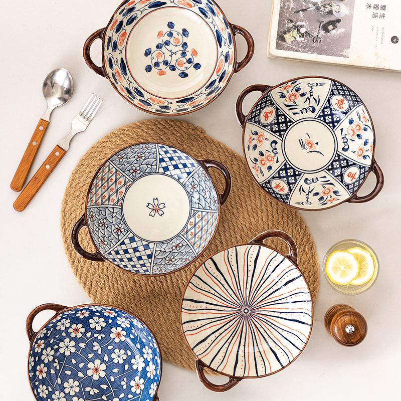 Japanese Hand-painted Ramen Noodle Bowl Vintage Ceramic Salad Soup Bowl With Handle Baking Bowl Kitchen Tableware Microwave Safe