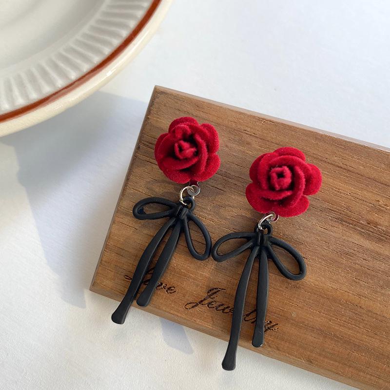 High-End Red Rose & Black Bow French Stud Earrings