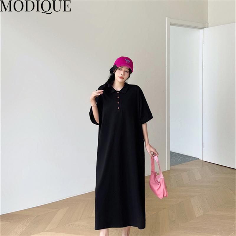 MODIQUE Summer Plus Size New Women Loose A-Line Printing Solid Color Long Dresses Elegant Lady Casual Cotton POLO Short Sleeve Skirt