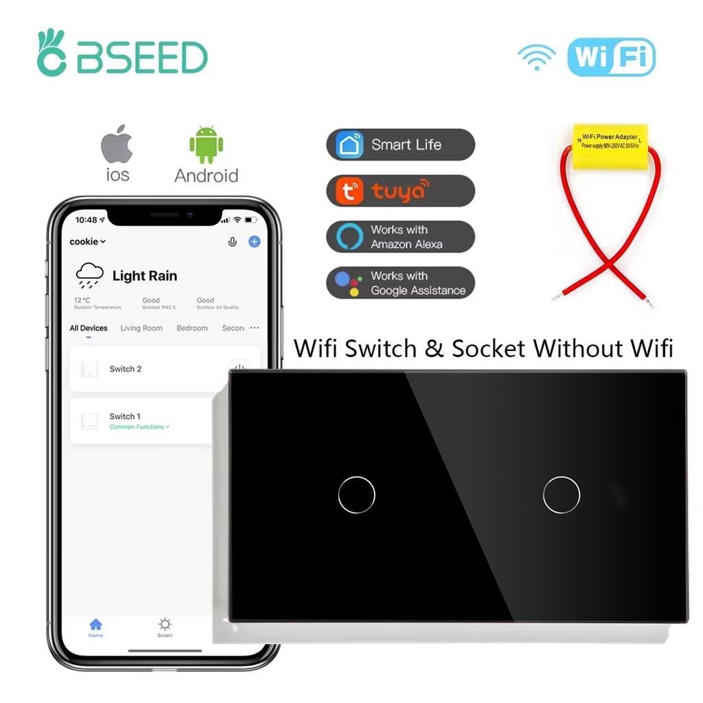 BSEED 1/2/3Gang Wifi Touch Light Switches Tuya Smart Life Alexa App With EU Sockets Power USB Ports Capacitor Included Black