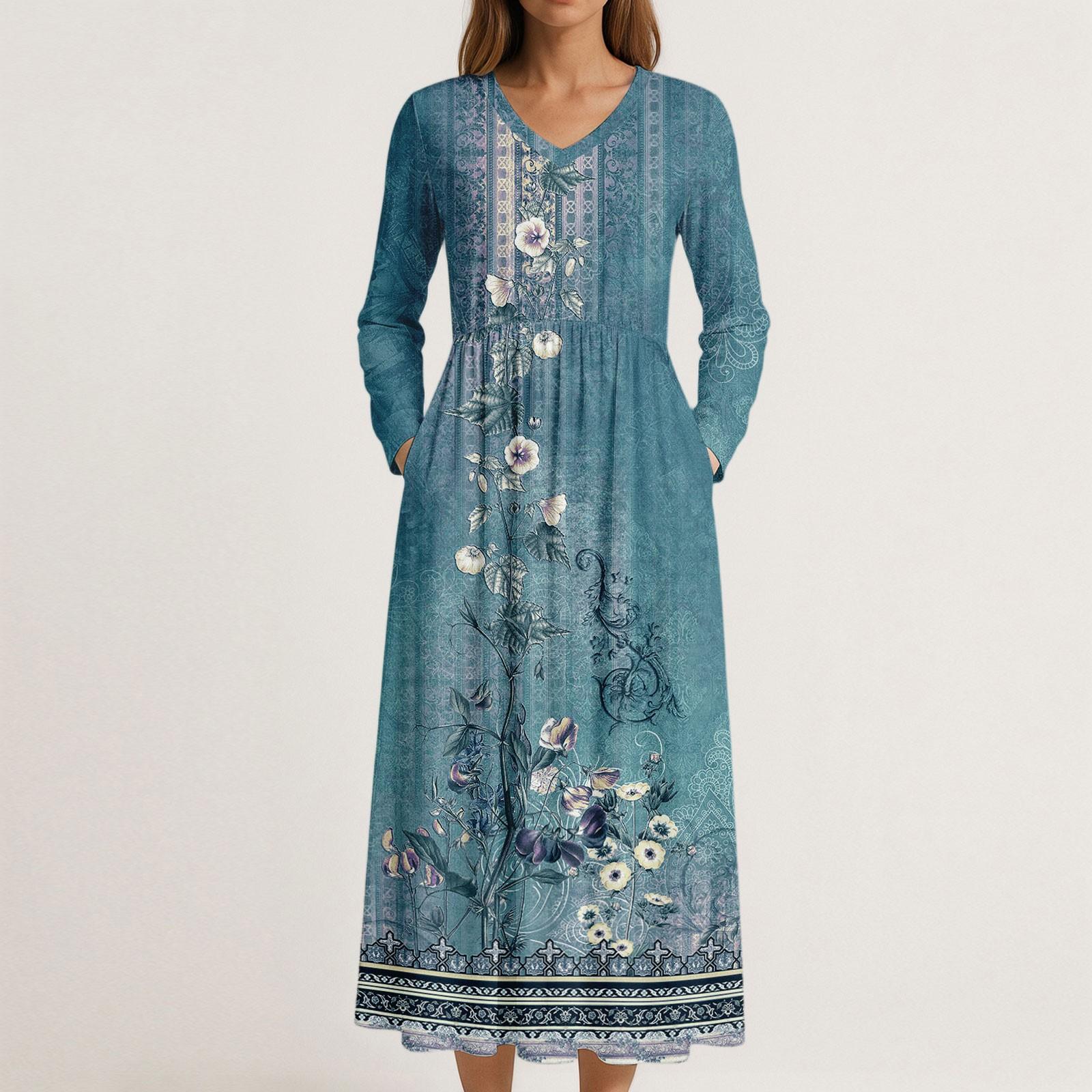 

Платье для женщин длинное бохо пляжное платье элегантное макси-платье V-образный вырез длинный рукав платье с карманами XL