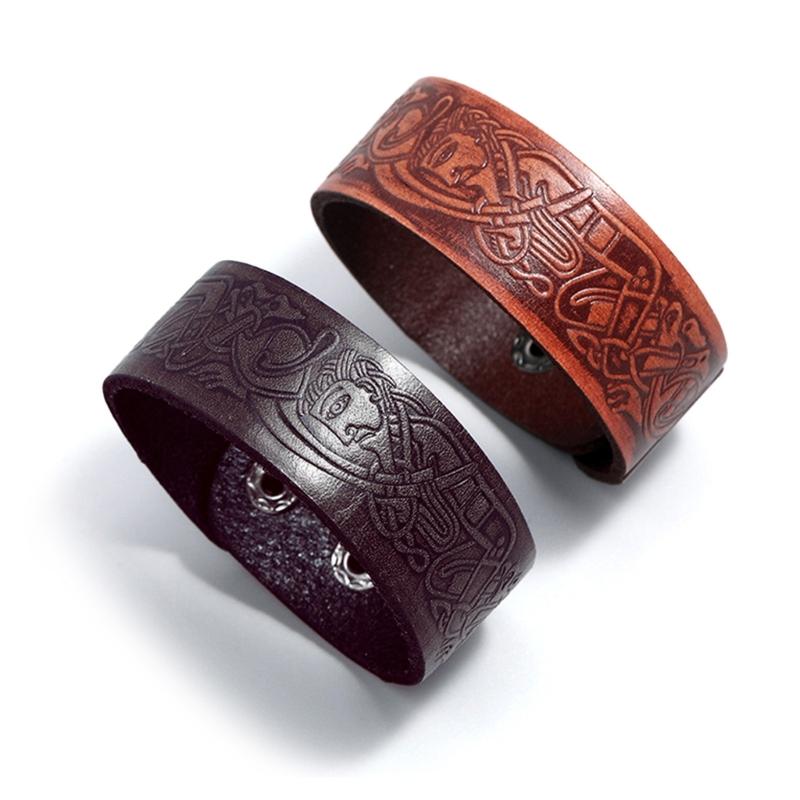 Embossed Pattern Cowhide Bracelet Adjustable Rock Punk Style Men Cuff Bracelets Wide Belt Vintage Wristband Jewelry