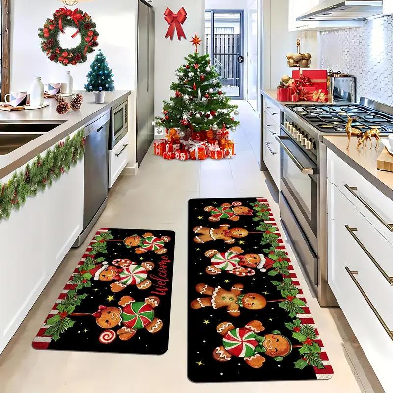Gingerbread Man Santa Grinch Cartoon Style Floor Mat Non Slip Stain Resistant Kitchen Runner Rug Perfect For Holiday Decor
