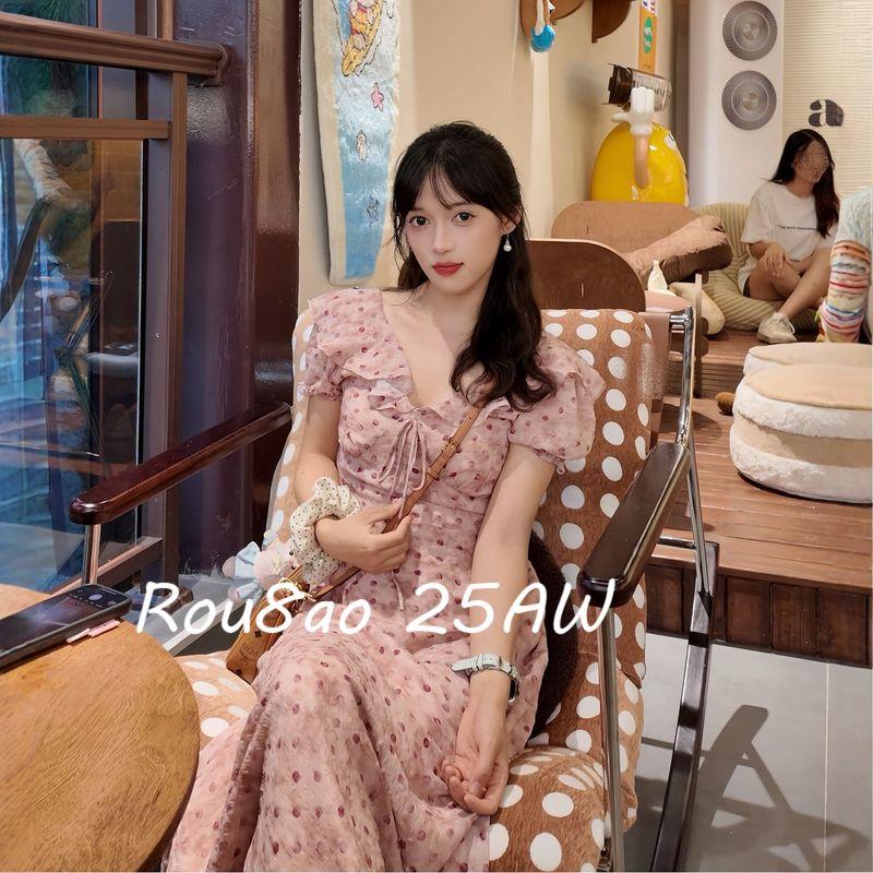 

Rou8Ao Plus-Size Women s French-Style Pink Polka Dot Dress 2026 Summer Slim-Fit Elegant Long Dress Picture Color L