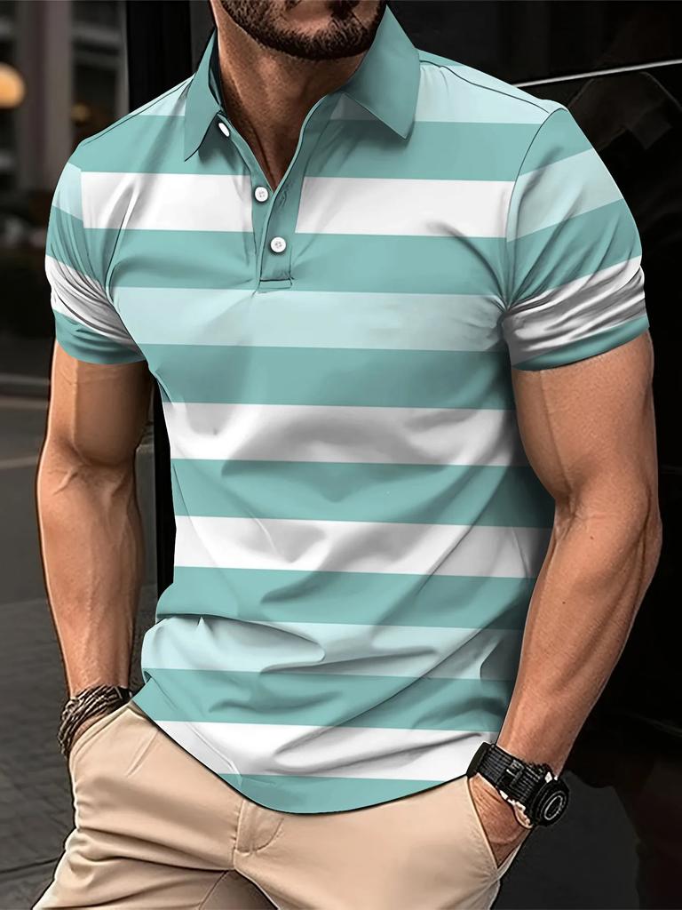 Men's Summer Short Clothes Sleeved Lapel 3D Digital Printed Striped Polo Shirt Men's Fashion Business Casual Top Clothes