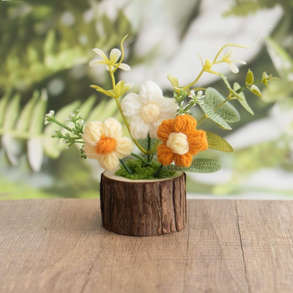 Hand-woven Knitted Flowers Potted Sunflower Tulip DIY Craft Artificial Flower Cute Design Colorful Handmade Plant Decor