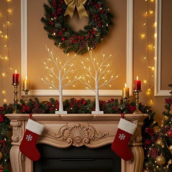 2-Pack Lighted Christmas Halloween Fall Tree Decorations Indoor, 2ft Birch Tree with LED Lights, Small Tabletop Christmas Tree with Lights, Warm