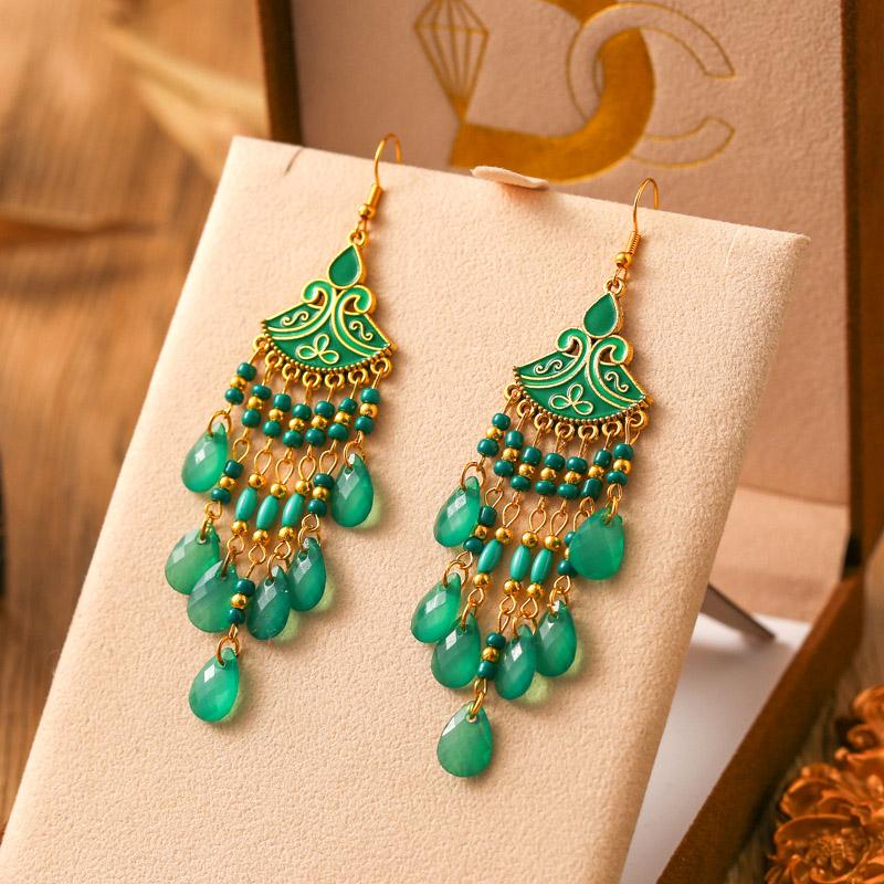 Bohemian Fan Shaped Water Drop Earrings for Women Ethnic Long Temperament Dangle Earring Party Vacation Jewelry