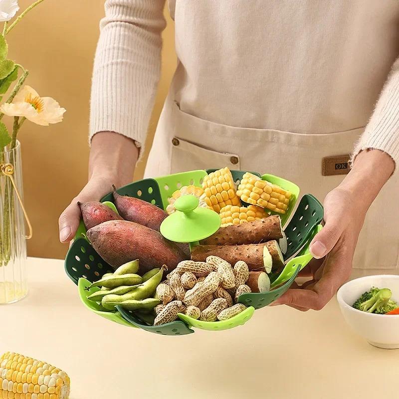 Sammenleggbar Lotus Steamer i plast Dampstativ for matvare Fruktkurver Kjøkken Oppbevaringsstativer Vegetabilsk dampkoker tallerken kokekar