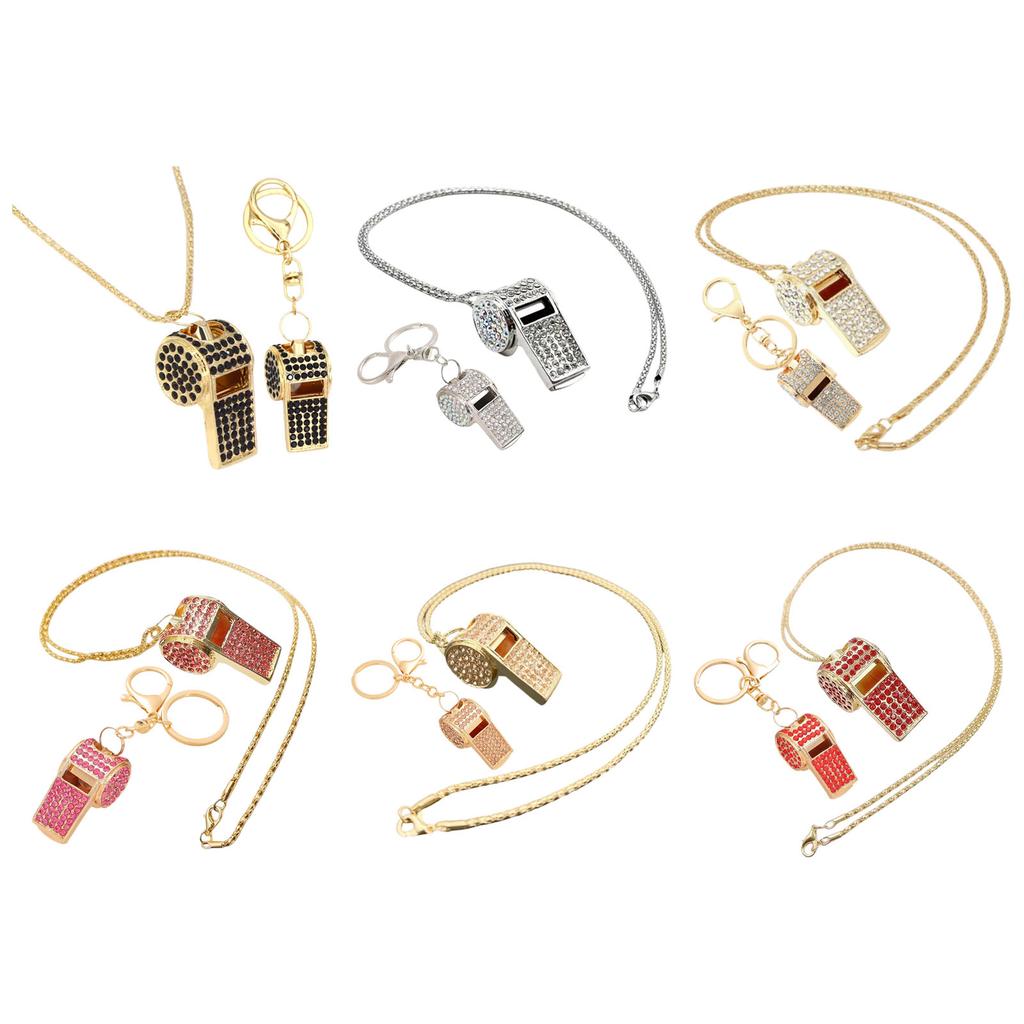 2-Piece Rhinestoned Whistle Keychain and Necklace Set with Zinc Alloy Construction 6 Stylish Color Option for Daily Use