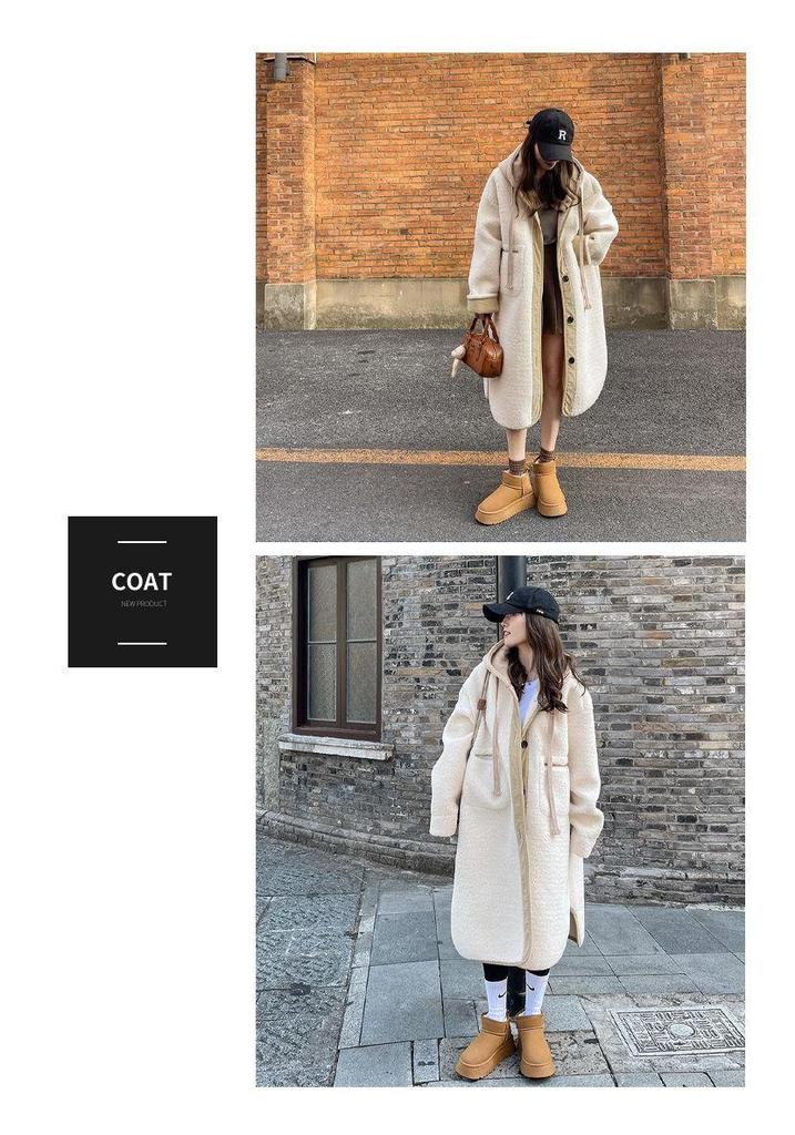 Beige Hooded Lambswool Mid-Length Coat: Thick Korean Style, Loose Fit, Plush Outerwear for Autumn/Winter.