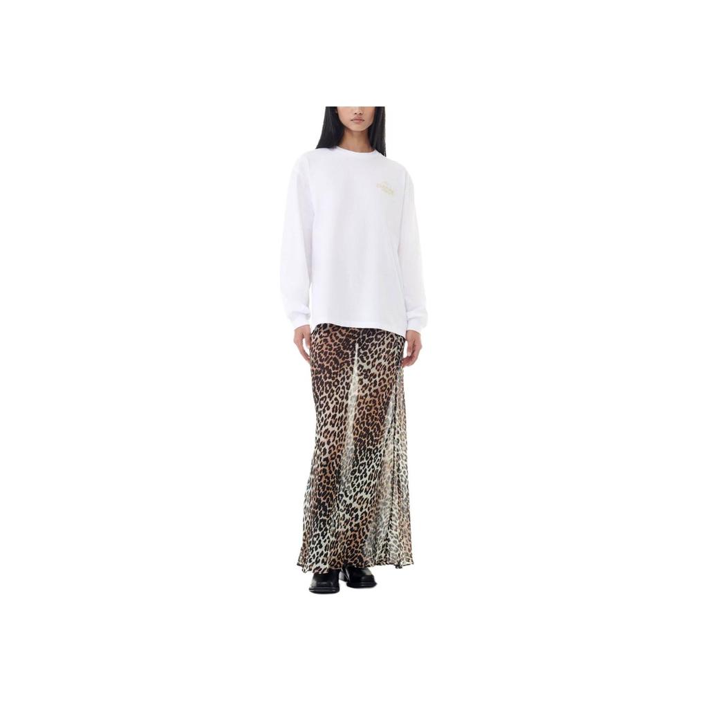 Ganni Logo Print Round Neck Long Sleeve Pullover T-Shirt Women Tops White T39383649151