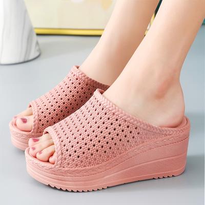 Non-slip Home Women's Slippers Hollow Solid Color Summer Fashion and Comfortable High-heeled Thick-soled Slippers