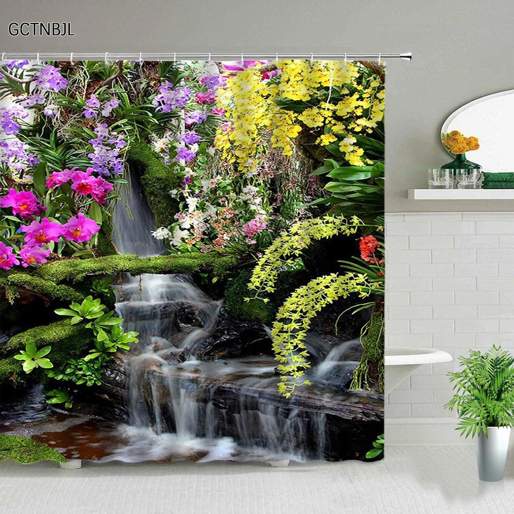 Park Garden Tree Flower Pond Nature Landscape Shower Curtain Bathroom Polyester Waterproof Fabric Curtains Home Bathtub Decor