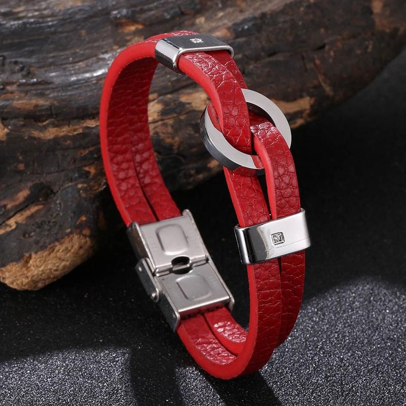 

Модный кожаный мужской браслет из нержавеющей стали с пряжкой, очаровательные браслеты для пары, ювелирные изделия Inner Perimeter185mm красный