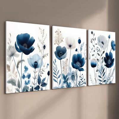 3pcs/set Blue Flower Plane Art Oil Painting Canvas with Wood Frame Draw Wall Decor Home Decorations