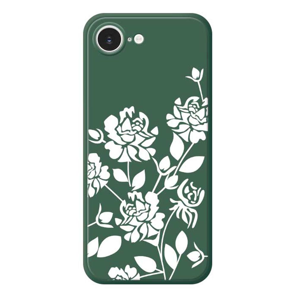

For iPhone 16e Case White Hollow Flowers Pattern Printing Straight Edge TPU Phone Back Cover Green
