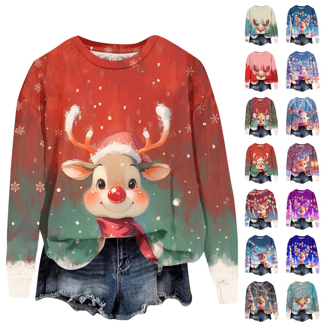 Ladies' Christmas Printed Long Sleeved Round Neck Hoodie Loose Top