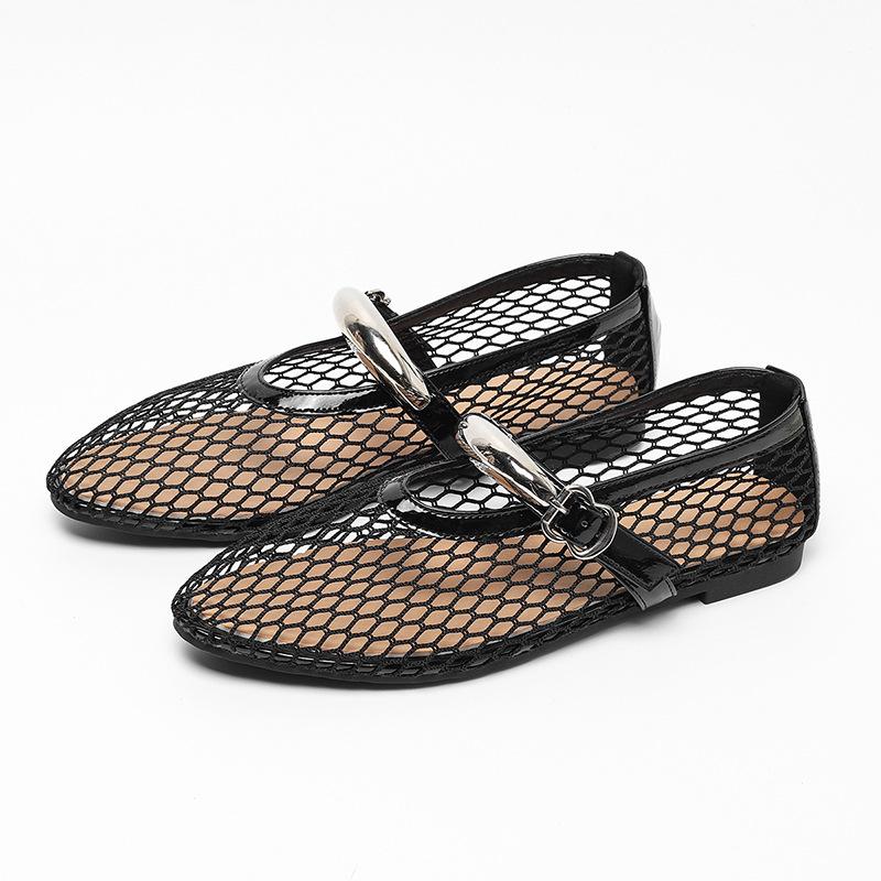 One word with black fishing net sandals women - large size mesh one word with flat sandals hollow Roman sandals
