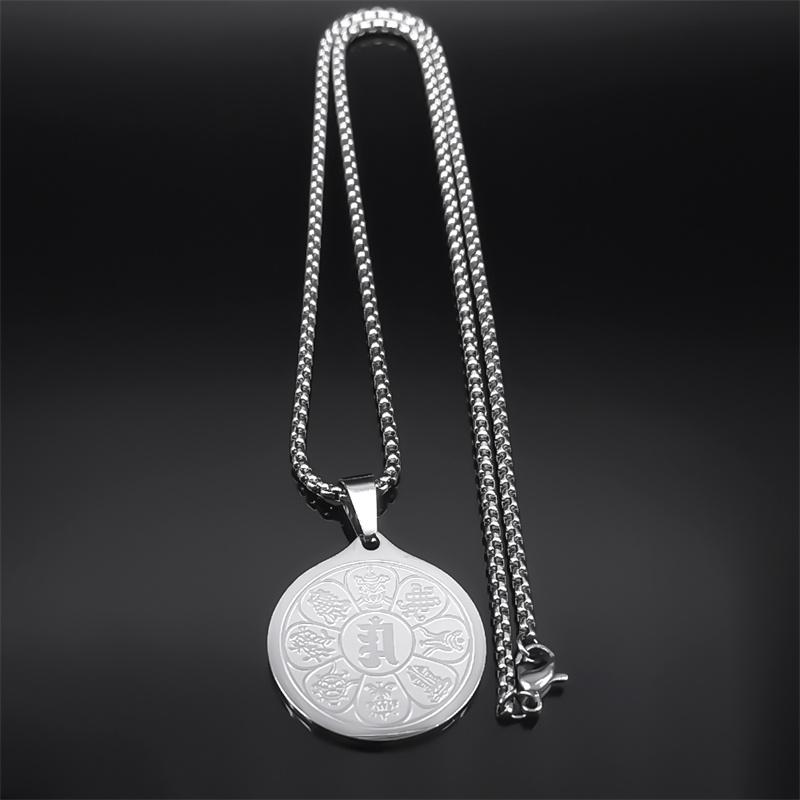 Eight Auspicious Treasures Six Character Mantra Lotus Medal Necklaces for Men Women Stainless Steel Eight-Treasure Lotus Jewelry