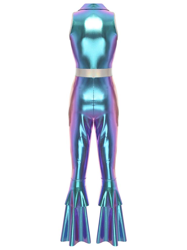 Women 70s Disco Costume Jumpsuit S-3XL - Shiny Metallic Lapel Collar Sleeveless High Waist Flared Disco Dance Singer Outfit