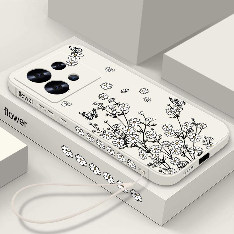 Flower Butterfly Print Myk Slim Case For Xiaomi 13T Poco X6 F6 X5 Redmi Note 13 12 11 Pro 10 Lens Beskyttelse Støtsikker Silikon lanyard telefondeksel