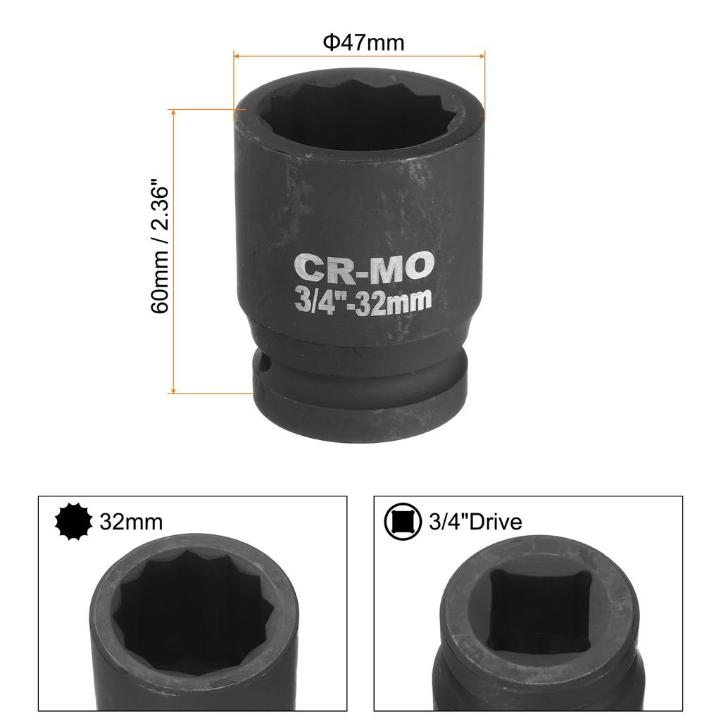 Uxcell 2pcs Drive 12 Point Impact Socket 32mm Metric Spindle Axle Nut Socket Driver Wrench Auto Repair Easy Removal 3/4"