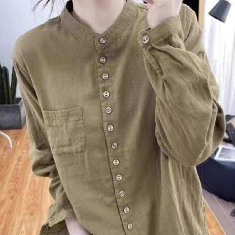 Spring Autumn Stand Collar Vintage Cotton Linen Shirt Women Long Sleeve Casual Cardigan Blouse All-match Top