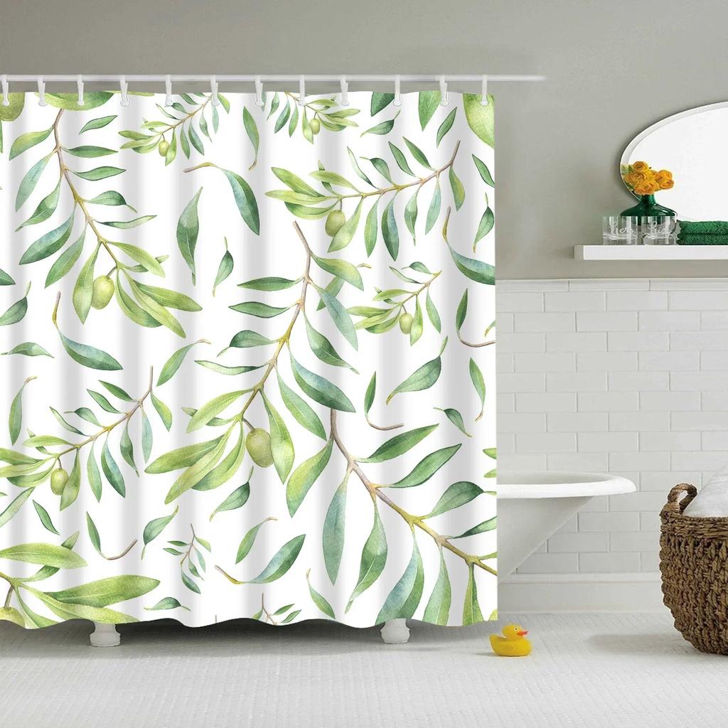 Tropical Green Plant Palm Leaves Bathroom Accessories Set Shower Curtain Bathroom Curtains Waterproof Polyester with Hooks