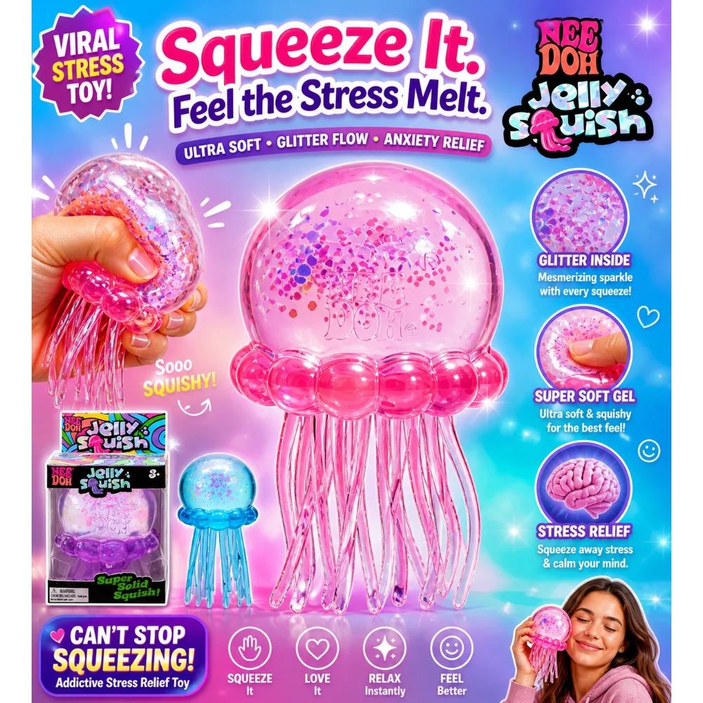 Needoh Jellyfish Squishy Bright Color Soft Fuzz Ball Squeeze Sensory Toy Stress Relief Anti Anxiety Relaxing Fidget Toy for Kids