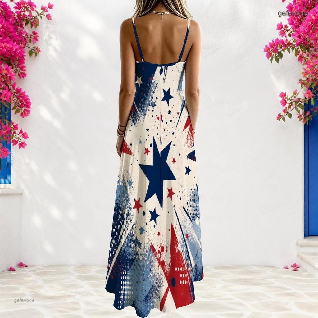 Women Plus Size Off Shoulder V Neck Strappy Sleeveless Star Printed A Line Long Dress