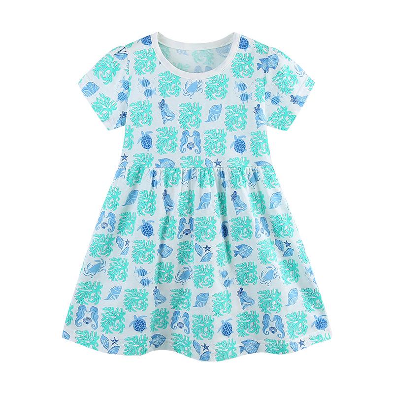 Summer Girls European & American Style Printed Cotton Princess Dress - Knitted, Round Neck, Short Sleeve 4Y