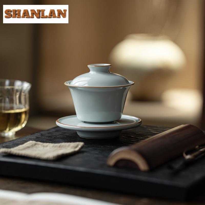 80ML High End Azure Ru Kiln Ceramic Gaiwan Elegant Three Talent Hand Grip Tea Tureen Tea Maker Cover Bowl For Tea Ornaments Gift