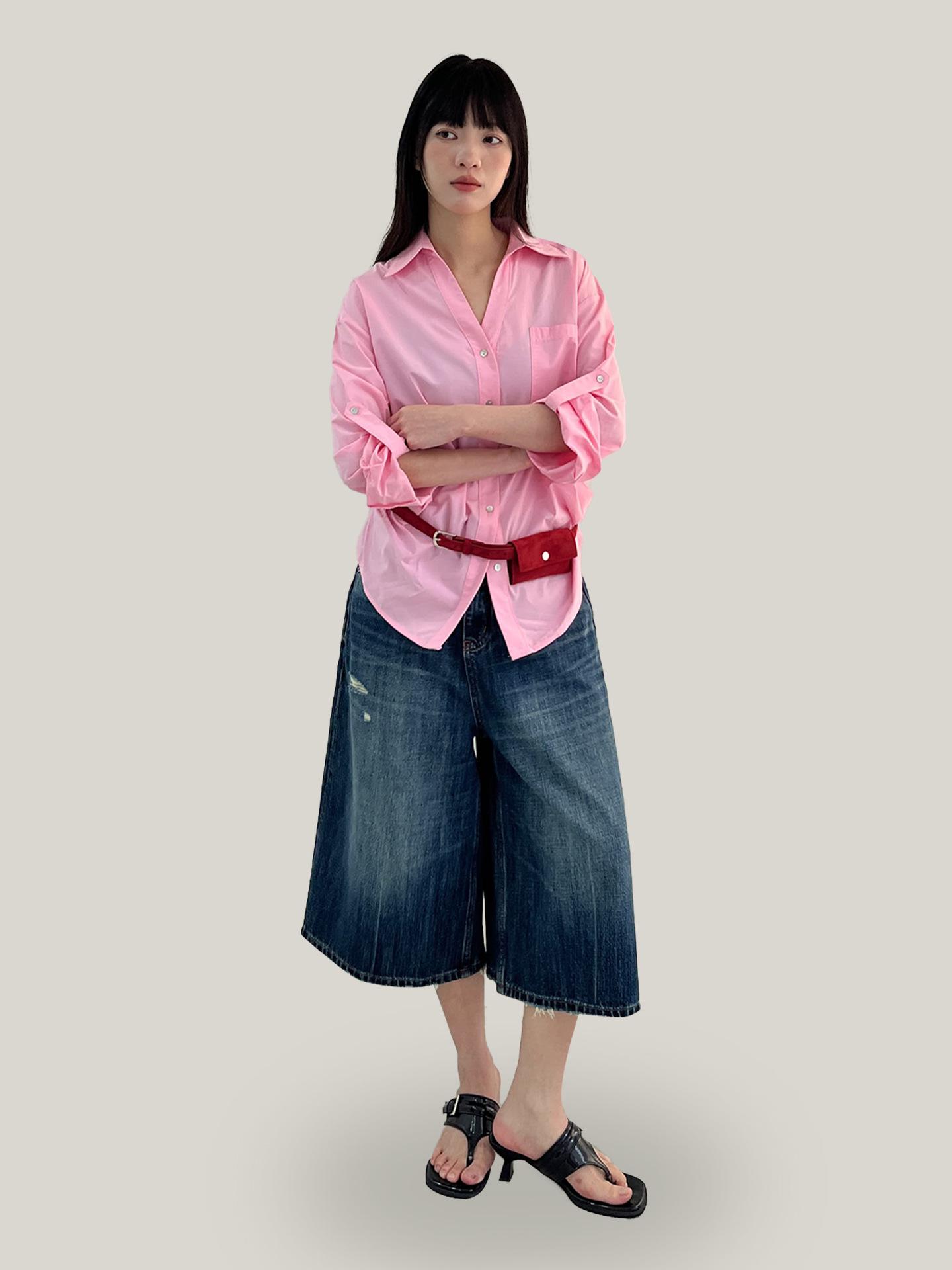 Yuyi 2026 Spring Women s Versatile Roll-Sleeve Button Shirt – Niche Style Loose Top One Size роза розовый