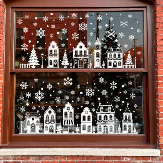 Christmas Window Decals 4Pcs Static Clings, White Town House Snowflake Glass Stickers, Line Drawing Film Reusable Xmas Holiday Decor for Home