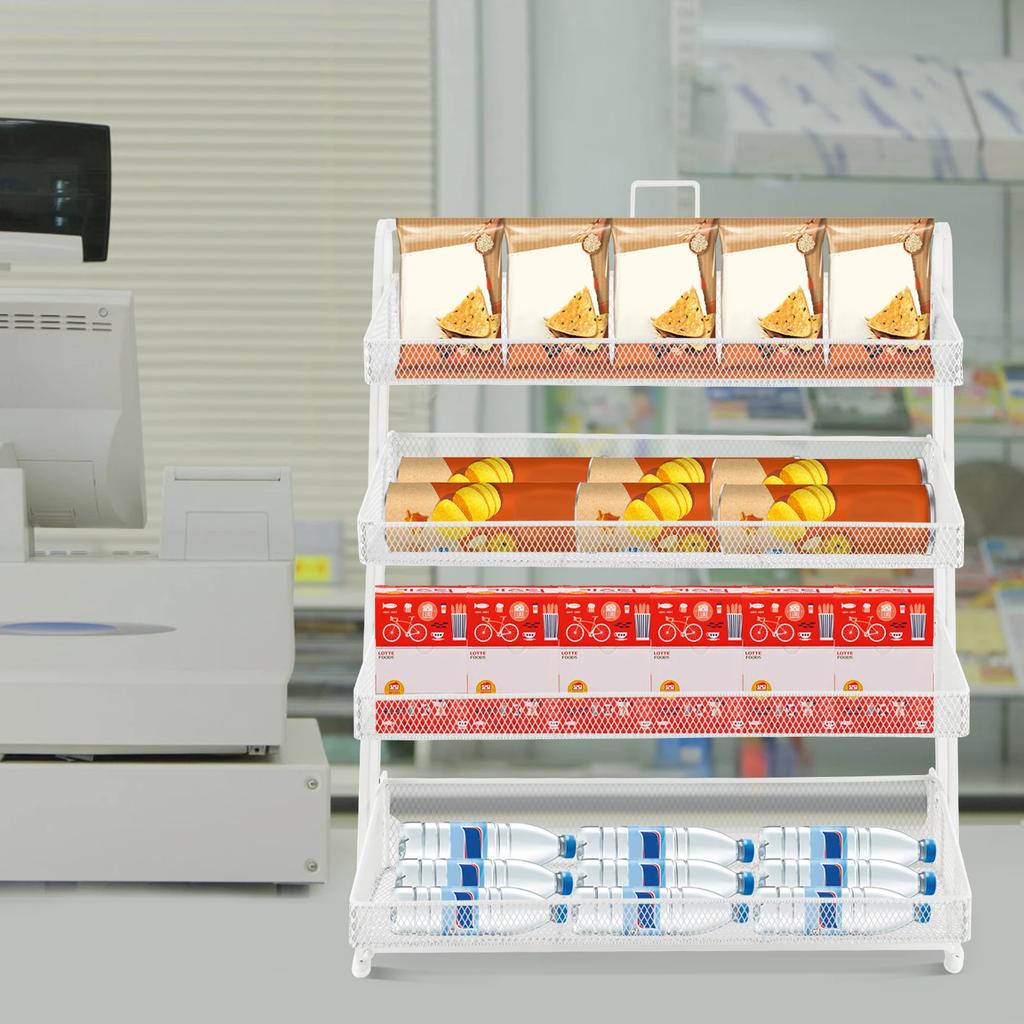 4-Tier White Candy Display Rack - Modern Countertop Snack Organizer Shelf - Freestanding Retail Display Stand for Candy, Treats