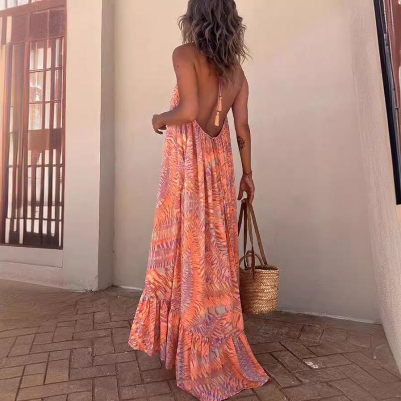 European & American Summer 2023 Women's Printed Spaghetti Strap Long Dress with Big Hem