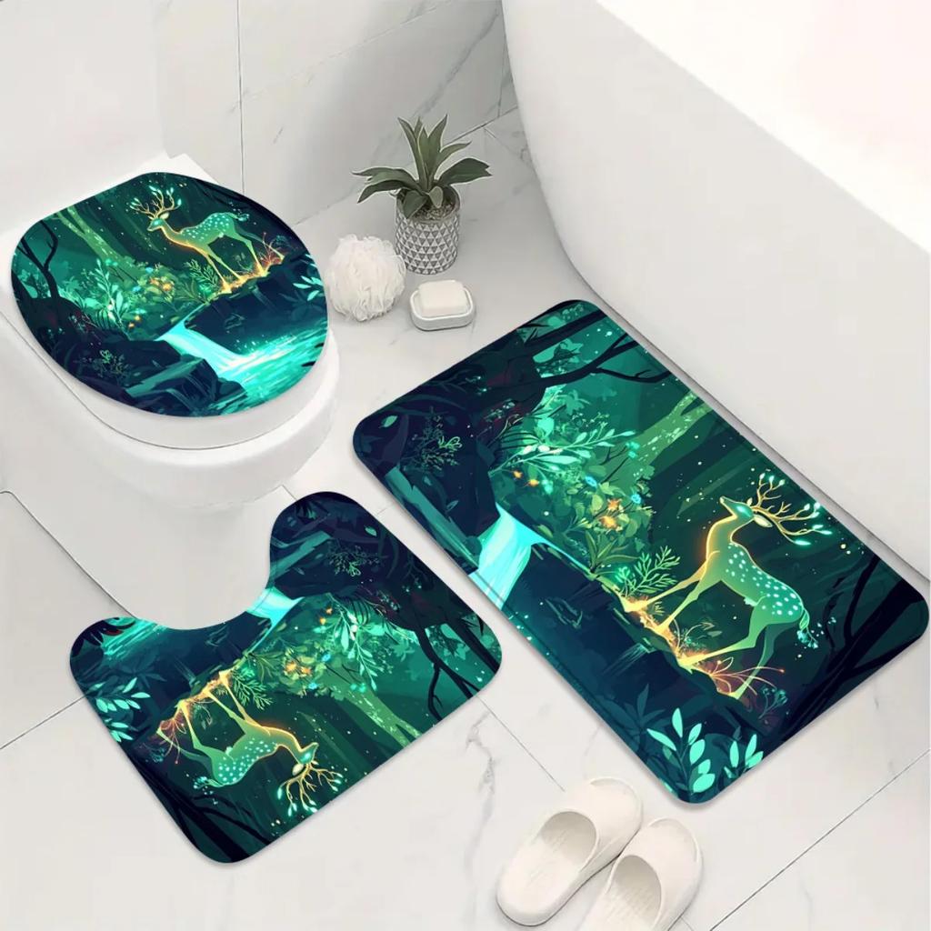 4pcs Enchanting Forest Deer High Quality Shower Curtain and Non-Slip Bath Mat Set - Elegant and Stylish Bathroom Decor Exqu
