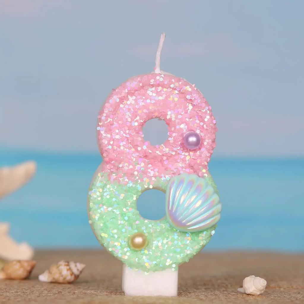 Ocean Mermaid Cake Candles Number 0-9 Number Candle Pink Green Cake Topper Candles Girls Birthday Party Cake Decoration Supplies